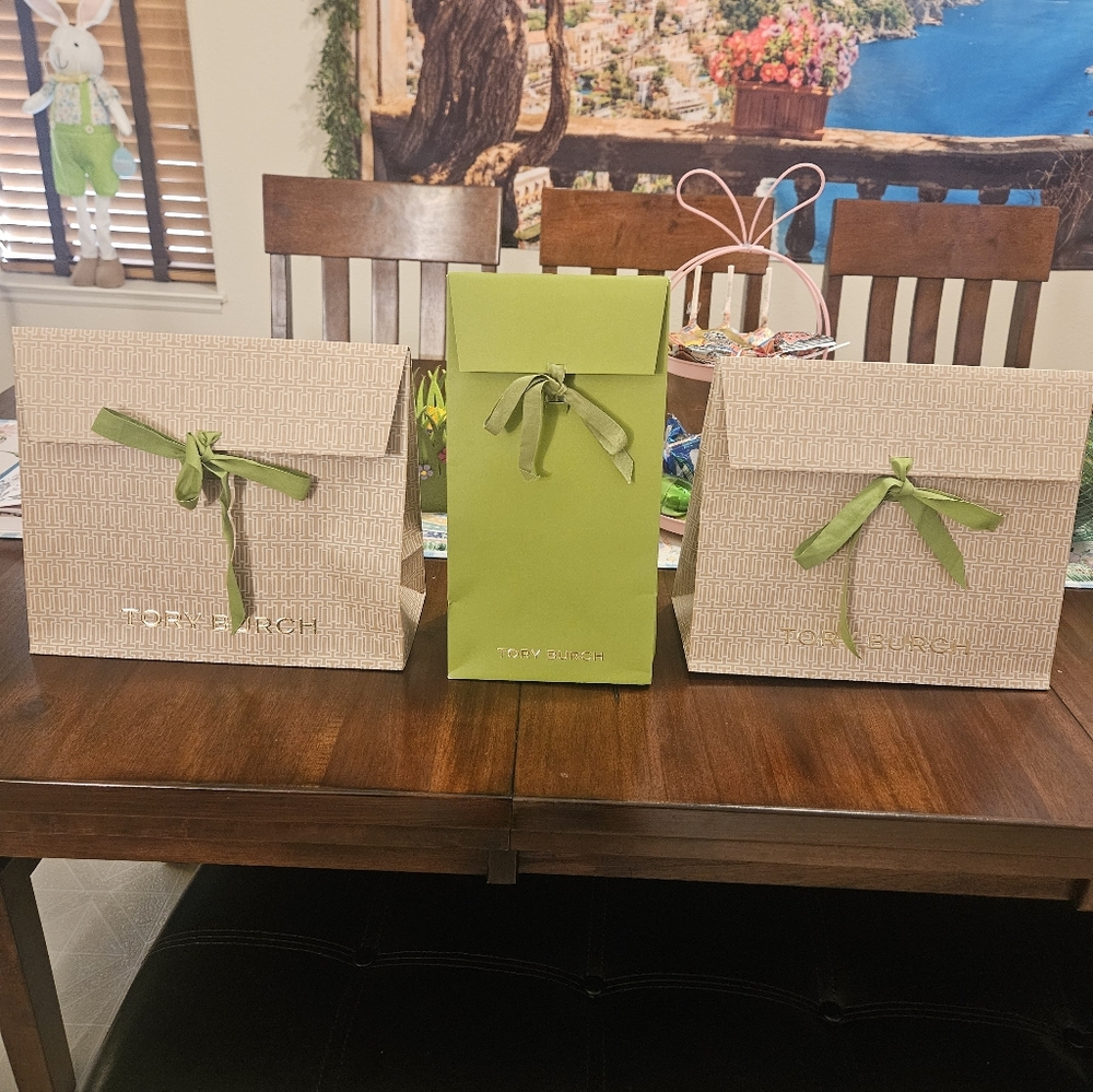 Tory Burch Beige Patterned and Green Ribbon Gift Bags - Set of 3